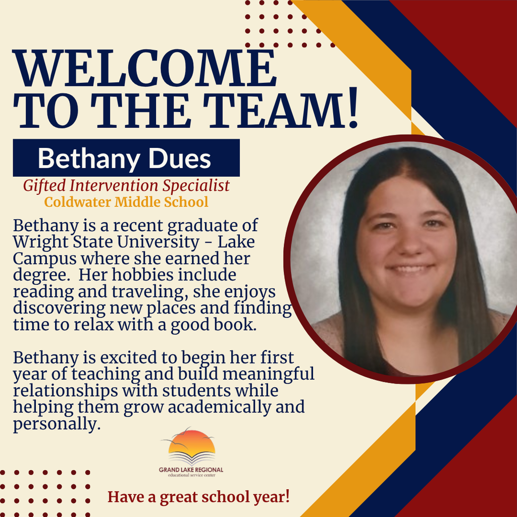 A poster welcomes Bethany Dues as a Gifted Intervention Specialist. A photo shows a smiling woman with long hair.