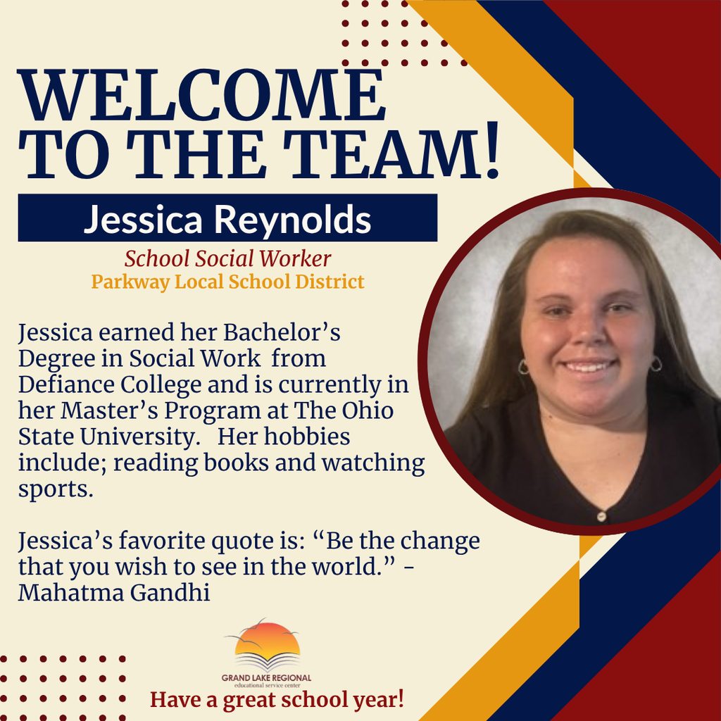 A welcoming poster features a smiling woman. It reads "Welcome to the Team! Jessica Reynolds, School Social Worker."