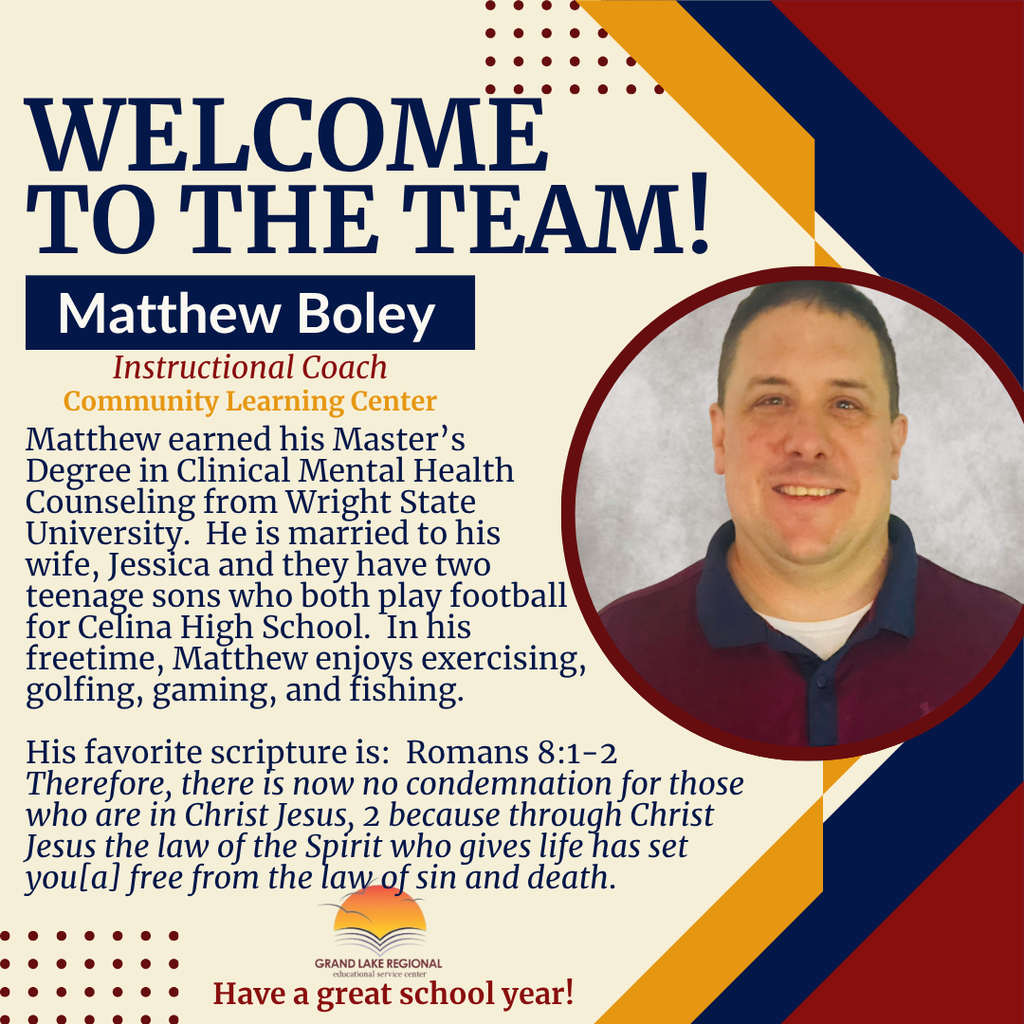 A poster welcoming Matthew Boley, an Instructional Coach. His smiling photo is in a circle. Text highlights his background and interests.
