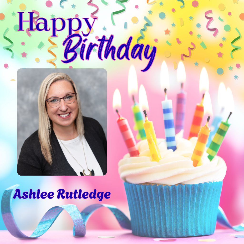 A birthday card with colorful confetti background, featuring a woman in a black coat and white shirt, and a cupcake with lit candles.