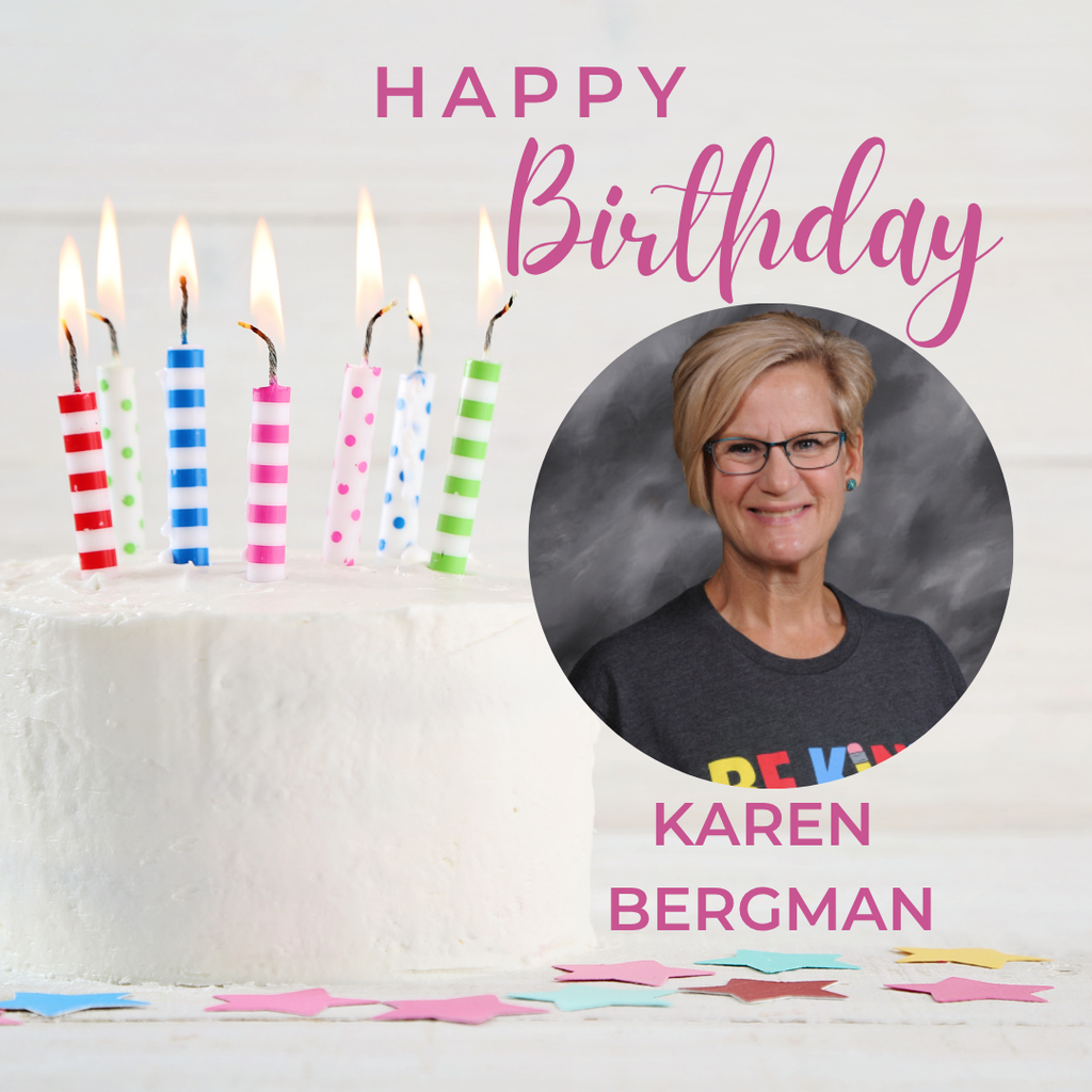 A cake with seven colorful candles is surrounded by stars. An adult woman in glasses is featured.