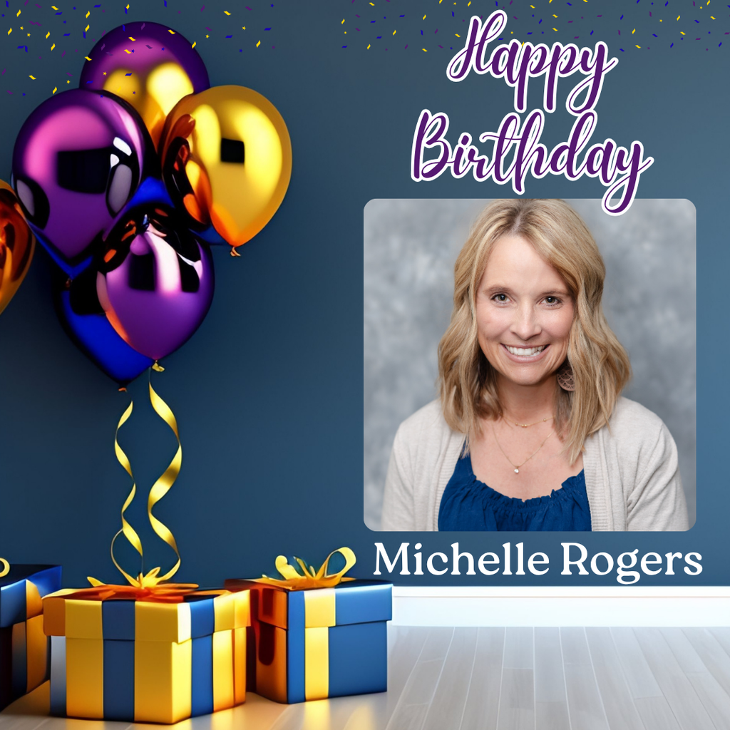 A blue wall displays a photo of a woman smiling. Colorful balloons float above her, and two wrapped gifts are below.