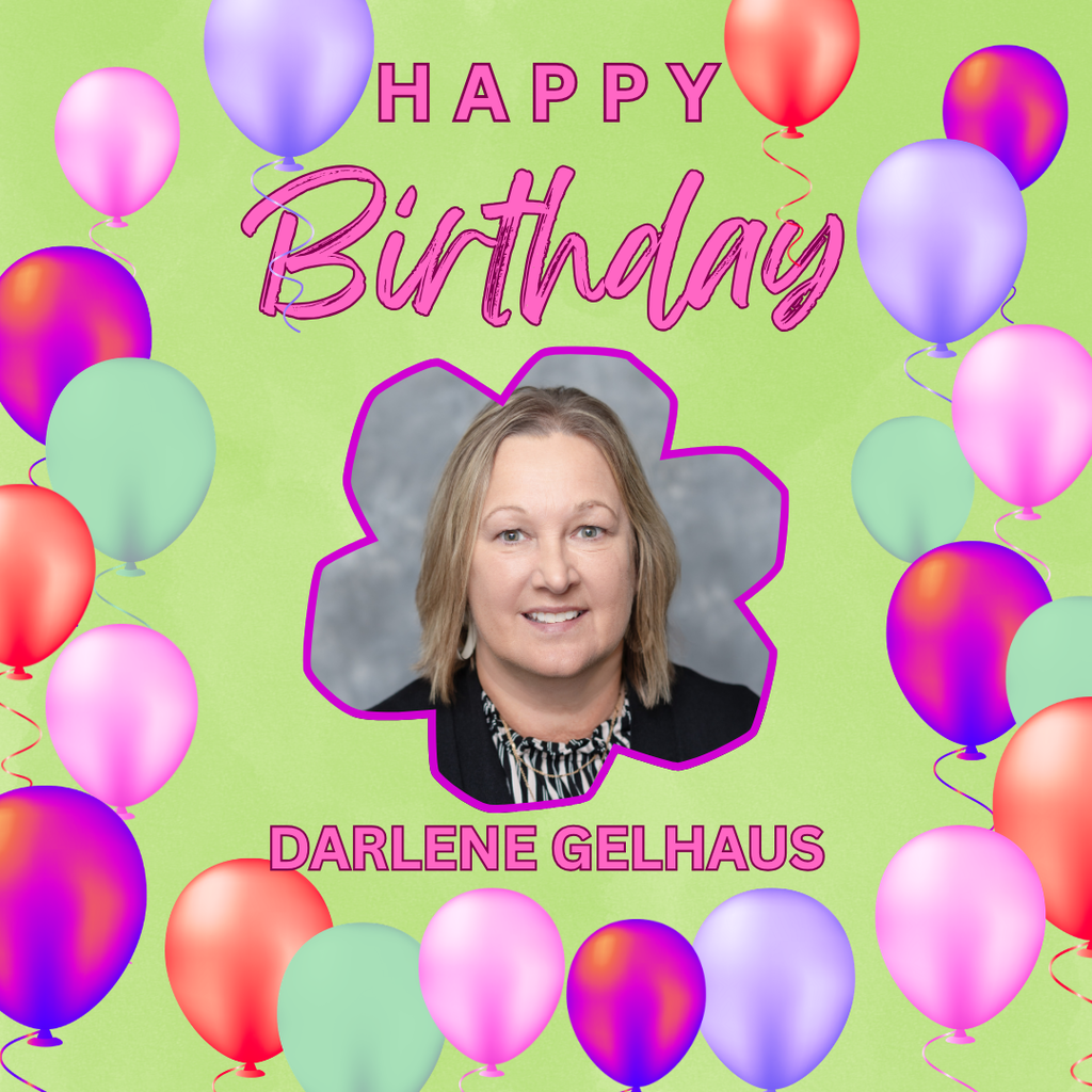 Woman with short hair wearing a black blazer and scarf poses for a birthday card. Colorful balloons surround the image.
