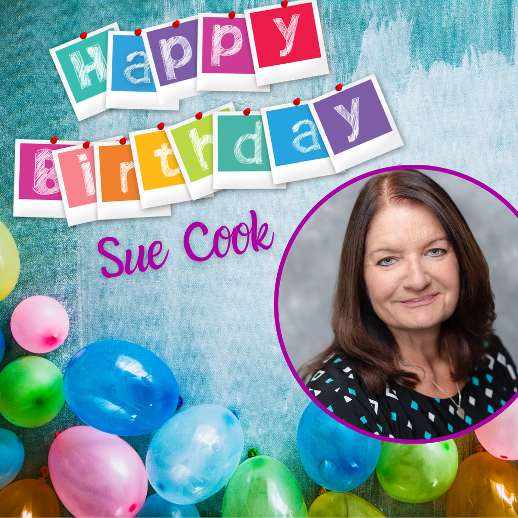 Colorful balloons and a "Happy Birthday" banner surround a photo of a woman named Sue Cook.