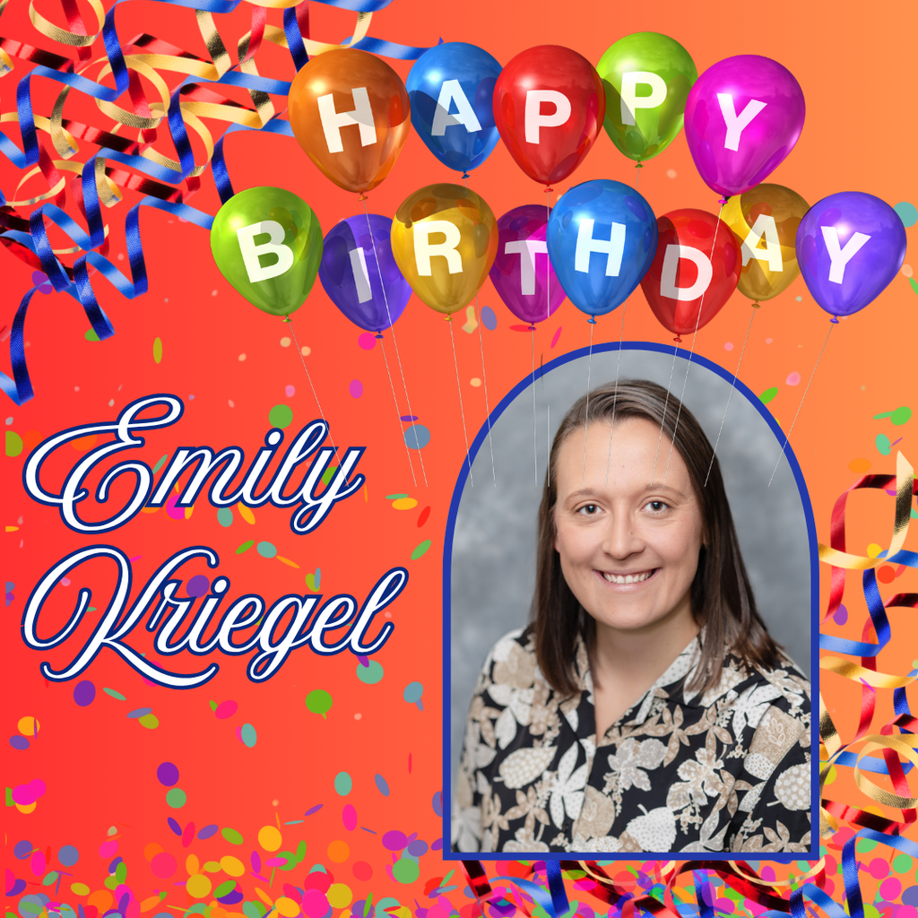 A photo collage with a person, balloons, confetti, and blue text: "Happy Birthday Emily Kriegel."