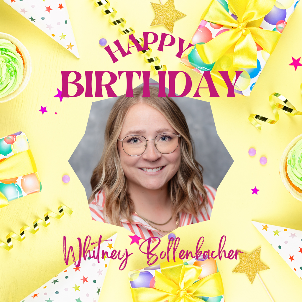 A birthday card with a photo of a smiling woman wearing glasses. The background has colorful confetti, stars, and gift boxes.