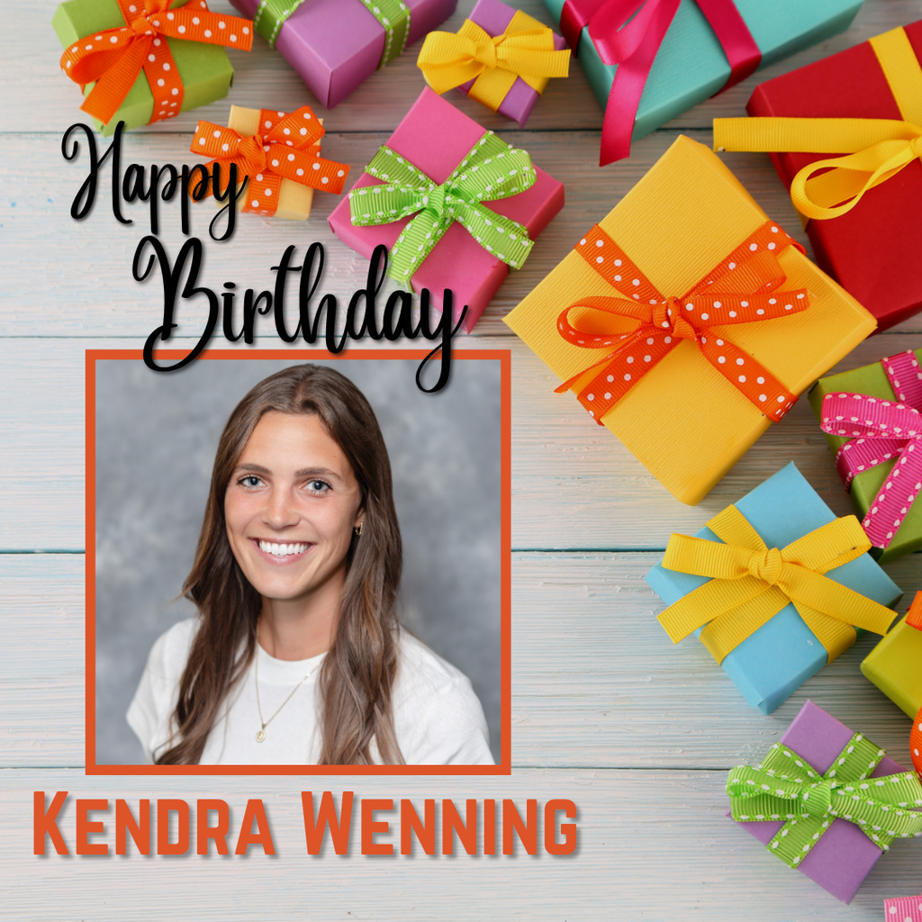 Woman with brown hair smiling, surrounded by colorful wrapped gifts. Text reads "Happy Birthday Kendra Wenning".