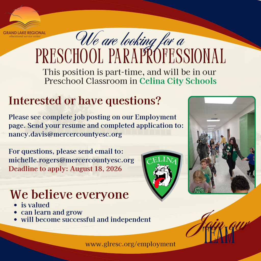 Job posting for Preschool Paraprofessional at Celina City Schools. Application instructions and deadline provided.