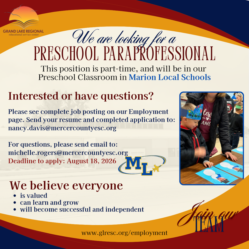 A flyer advertises a preschool paraprofessional position, part-time, in Marion Local Schools. Contact information and a deadline are provided.