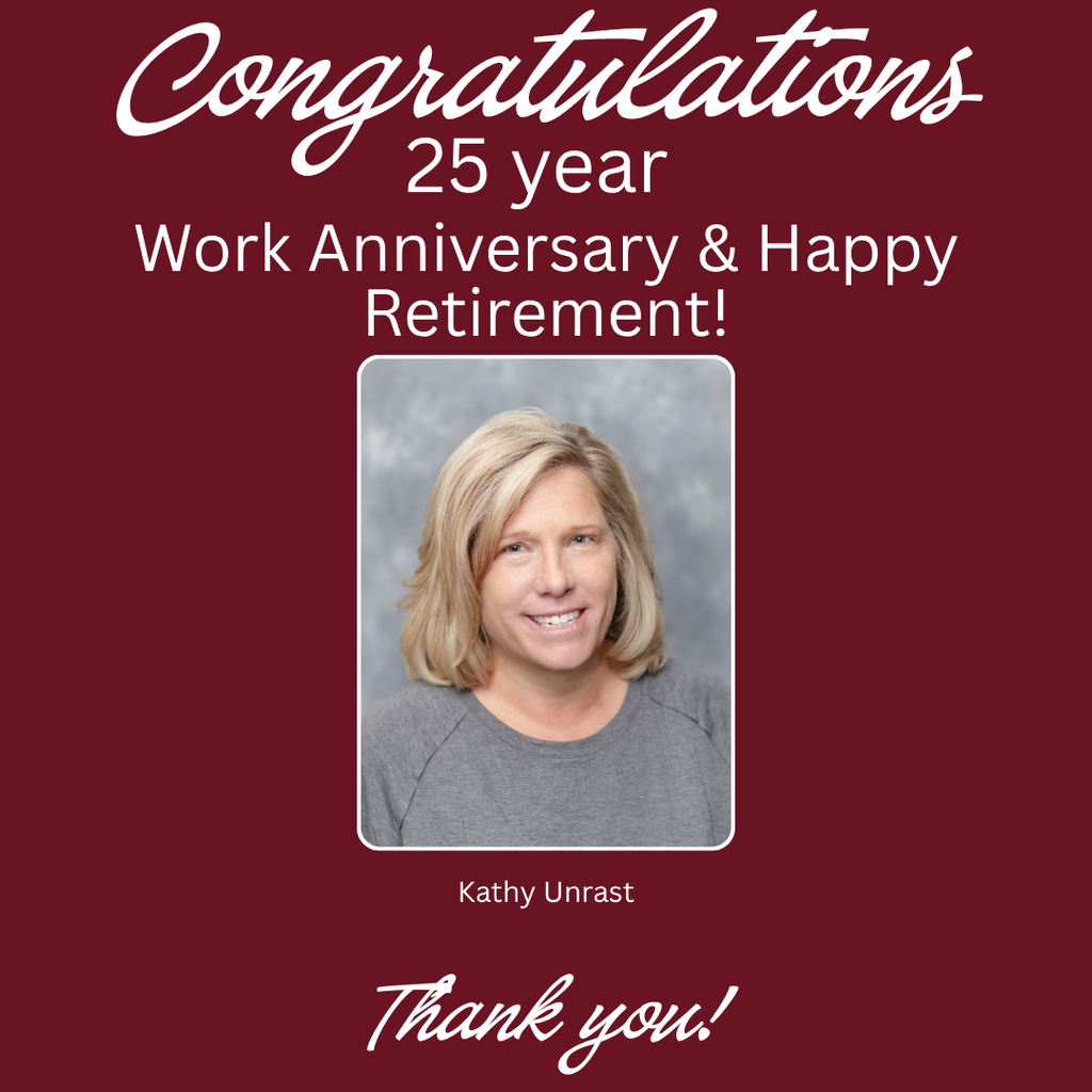 A card with a red background, white text, and a photo of a smiling woman. It reads "Congratulations 25 year Work Anniversary & Happy Retirement!"