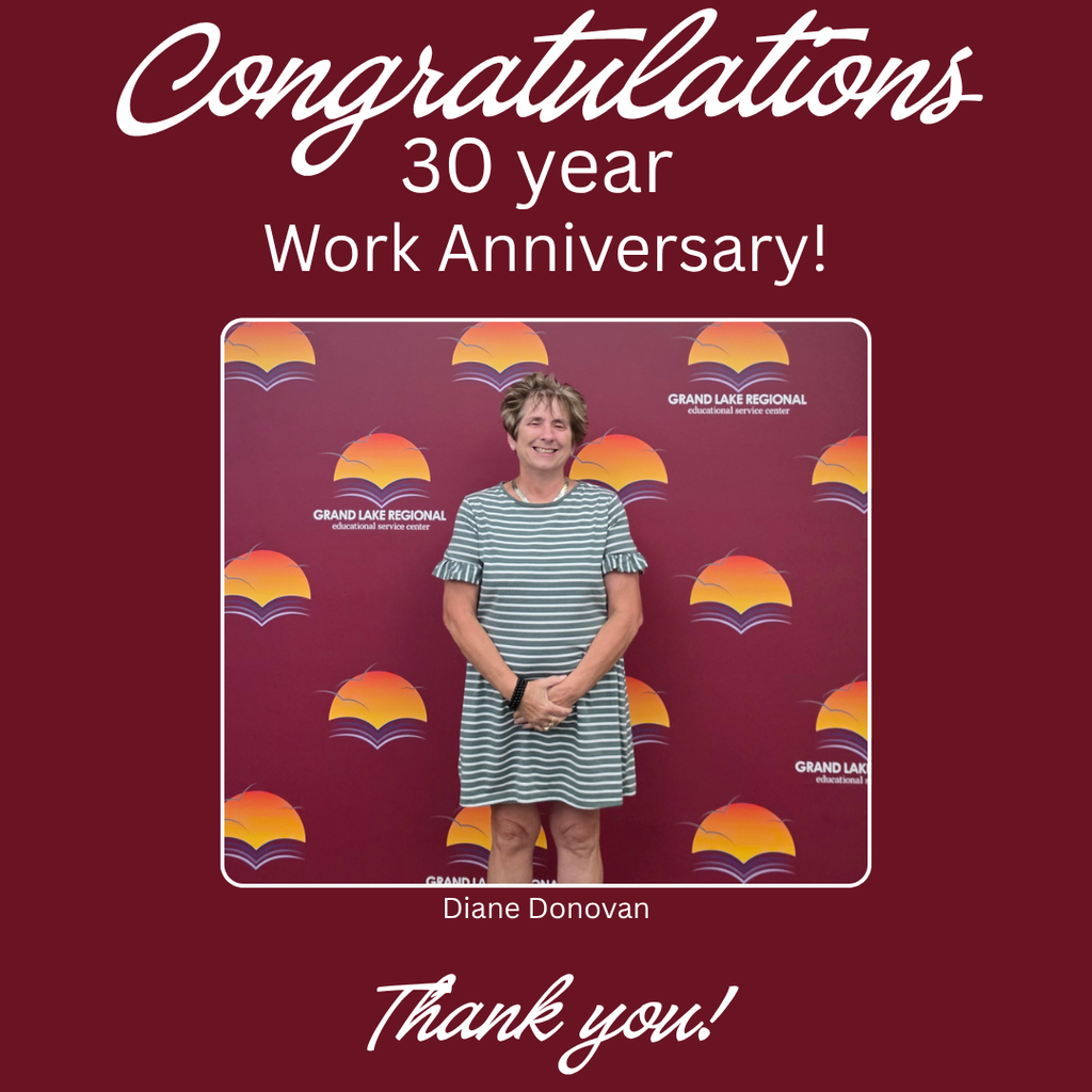 A woman stands in front of a red background with an orange pattern. Text reads "Congratulations 30 year Work Anniversary! Diane Donovan Thank you!"