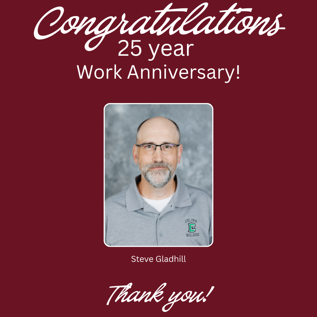 A maroon background features a photo of a man with a beard and glasses. Text reads "Congratulations 25 year Work Anniversary!"