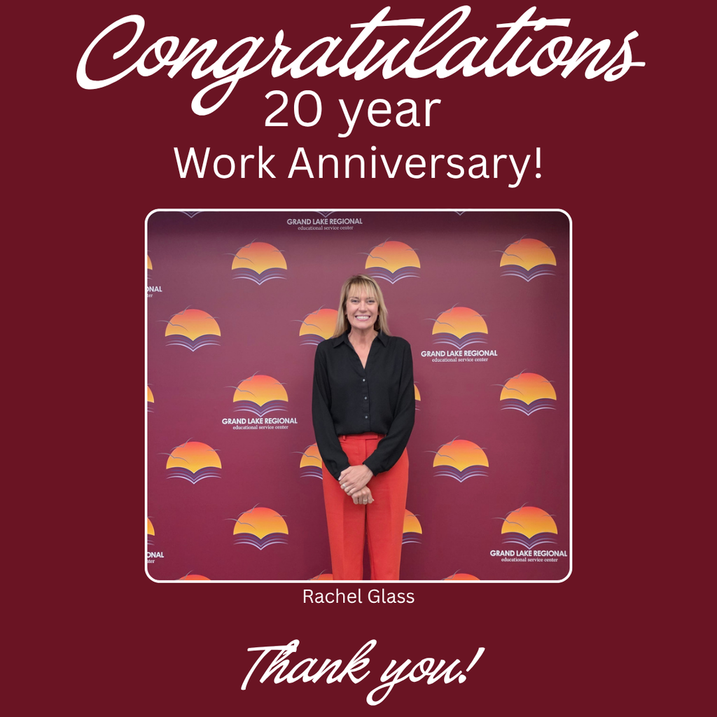 A woman stands in front of a maroon background with sun-like designs. Text reads "Congratulations 20 year Work Anniversary!" and "Thank you!"