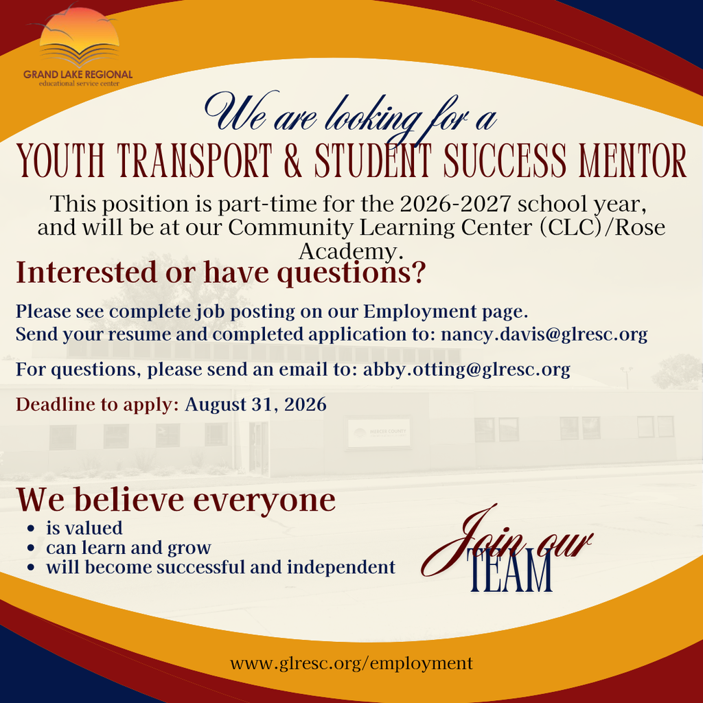 Job posting for a Youth Transport & Student Success Mentor for the 2026-2027 school year at Community Learning Center/Rose Academy.