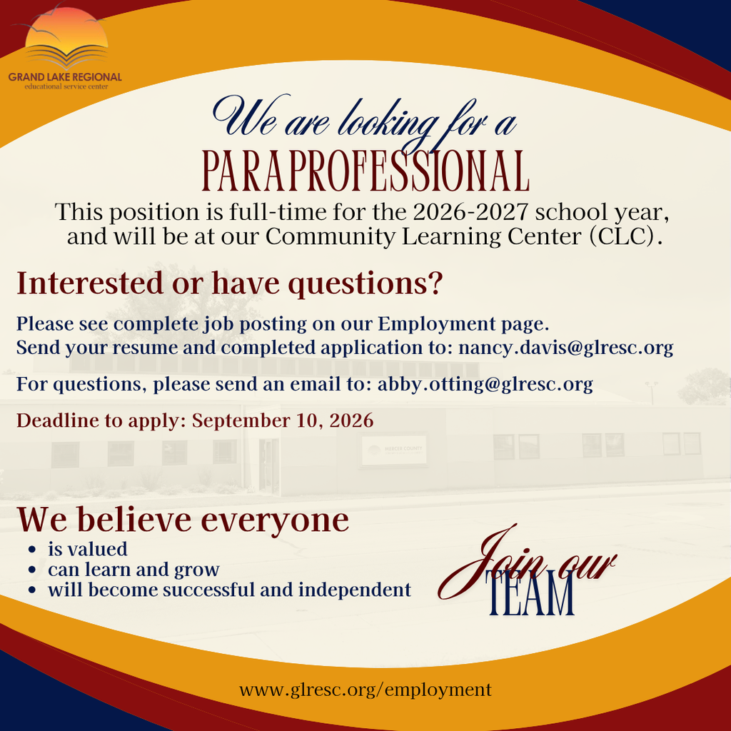 A job posting for a paraprofessional at Community Learning Center. Deadline for application is September 10, 2026.