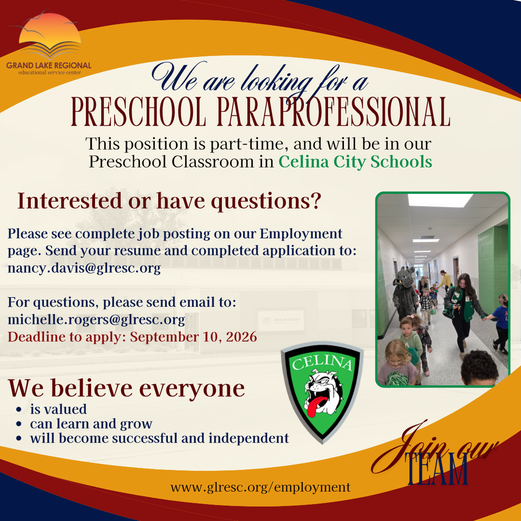 A recruitment poster for a preschool paraprofessional position in Celina City Schools. The poster has a red and green border and includes a logo.