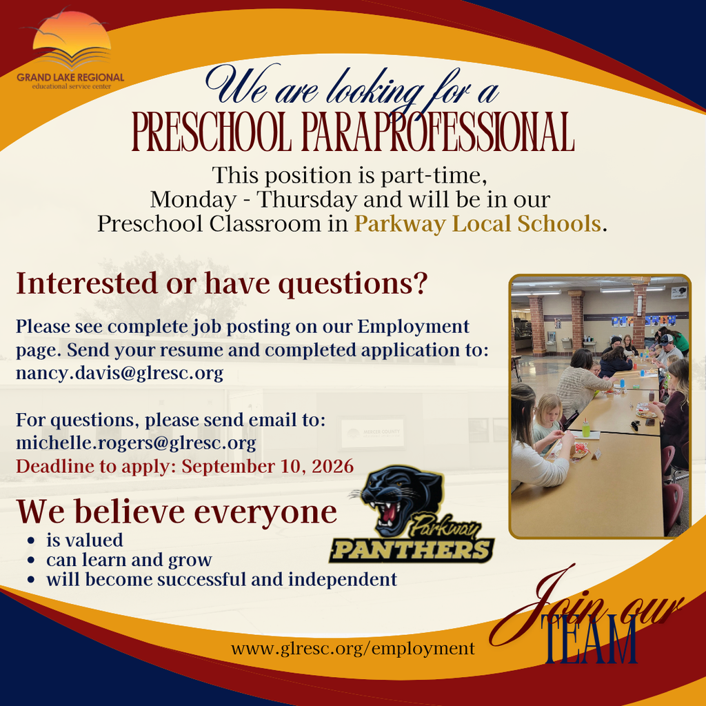 An advertisement seeks a part-time preschool paraprofessional. It will be in the Preschool Classroom. It shows a panther logo.