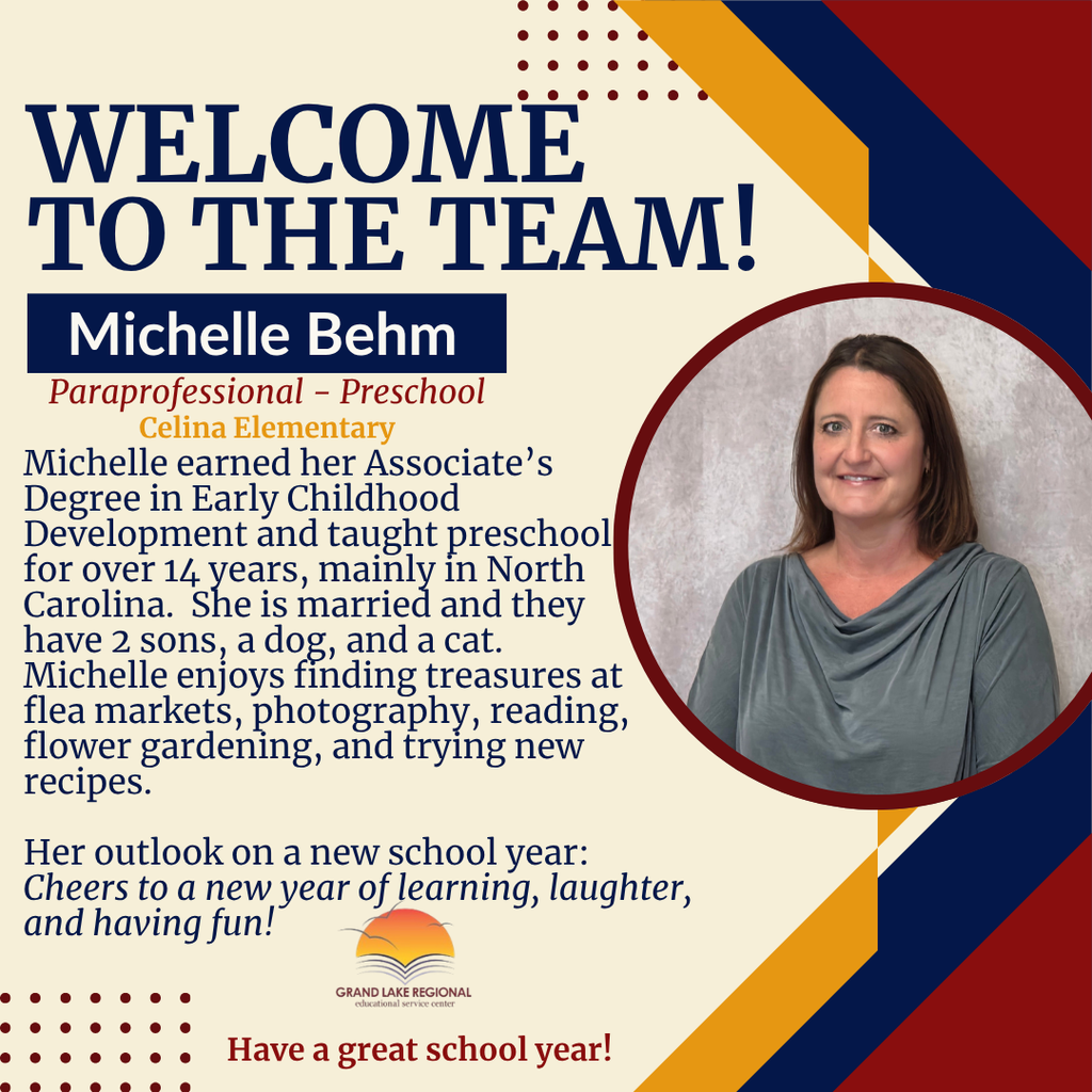 Poster with a photo of Michelle Behm. Text reads "Welcome to the Team!" She is a paraprofessional.