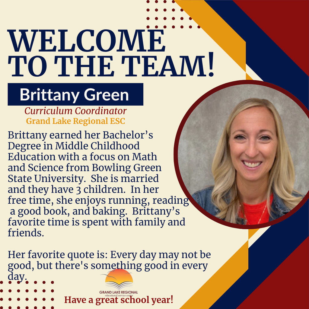 Welcome text displays a smiling woman, Brittany Green, Curriculum Coordinator. She has three children and enjoys running, reading, and baking.