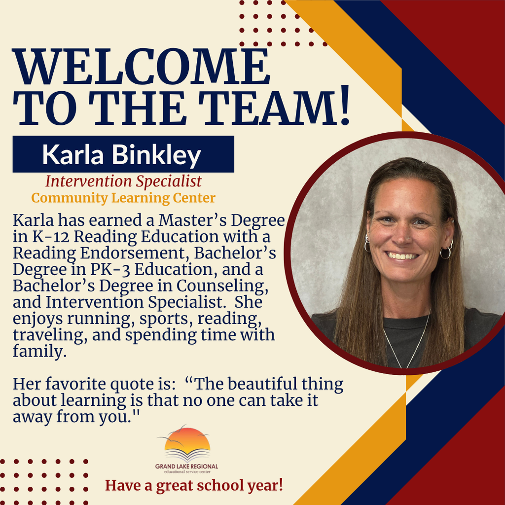 An introduction card for Karla Binkley, an Intervention Specialist. It includes her photo, a brief bio, and a quote.