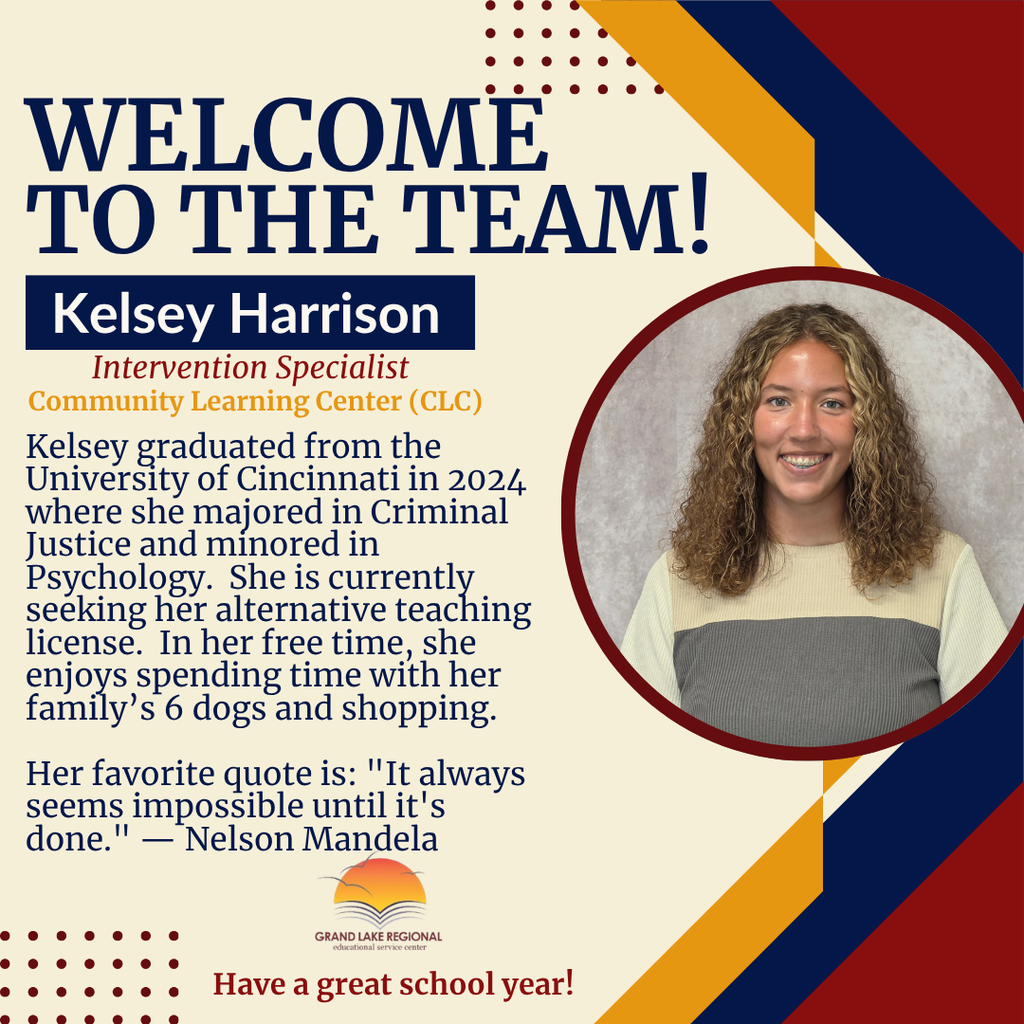 A welcome message features a photo of Kelsey Harrison, an Intervention Specialist. Her text includes her favorite quote by Nelson Mandela.
