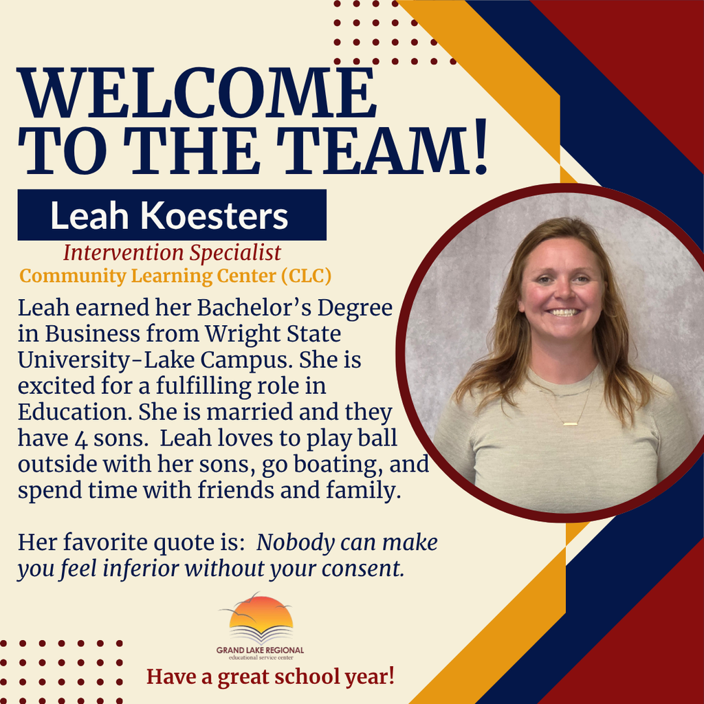 A circular photo shows a smiling woman in a beige shirt. The background is a combination of red, yellow, and blue with text reading "Welcome to the Team!"