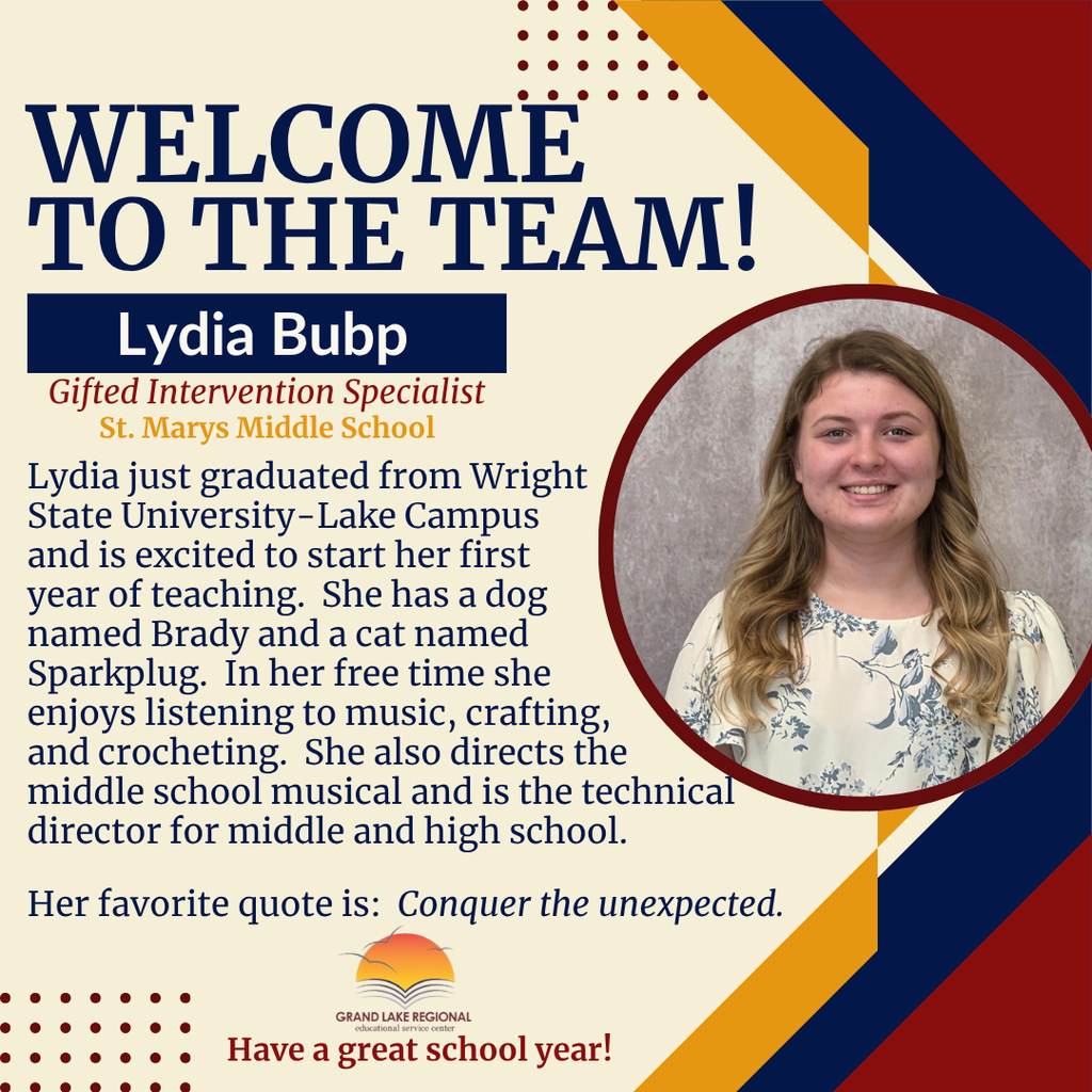 Poster with Lydia Bubp's introduction. She graduated from Wright State University, has a dog named Brady, and loves music.