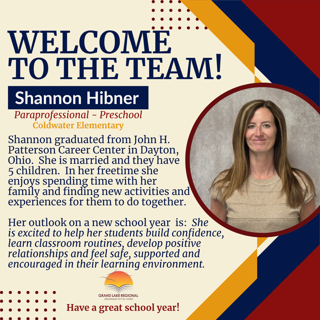 Circular image of a woman. Text reads: "Welcome to the Team! Shannon Hibner Paraprofessional - Preschool Coldwater Elementary."