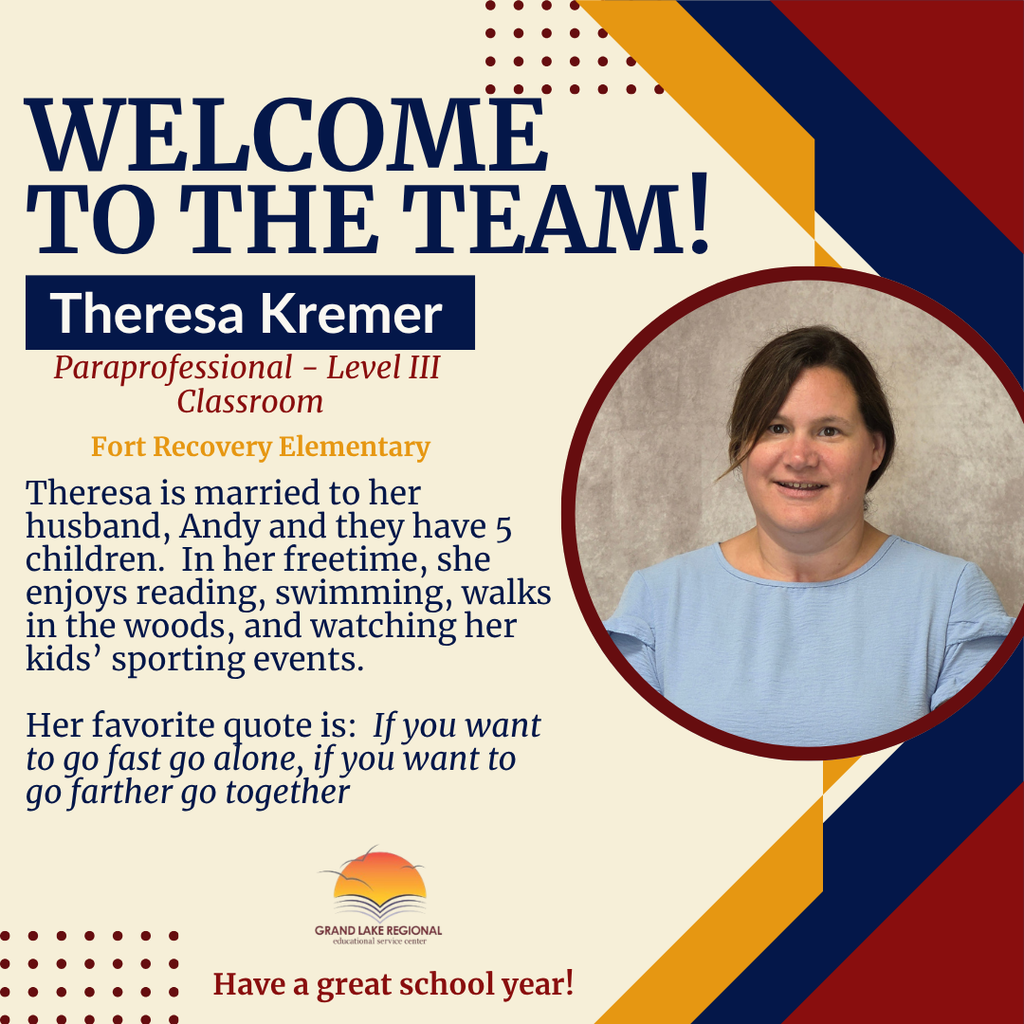 Poster welcoming Theresa Kremer, a Level III paraprofessional, to the team. Photo of smiling woman in blue shirt.