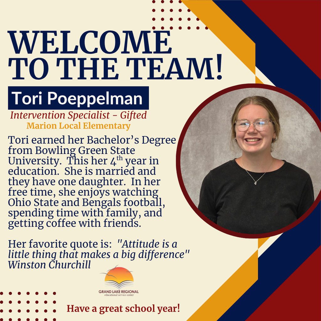 Woman in glasses smiling, text reads "Welcome to the Team! Tori Poeppelman." Background includes multicolored hexagons.