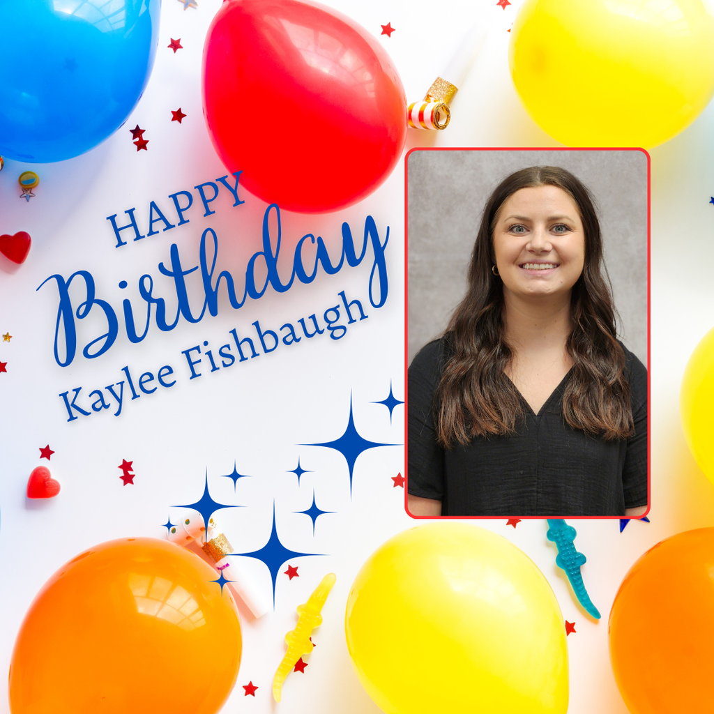 Balloons, stars, and hearts surround a photo of a woman. "Happy Birthday Kaylee Fishbaugh" is written.