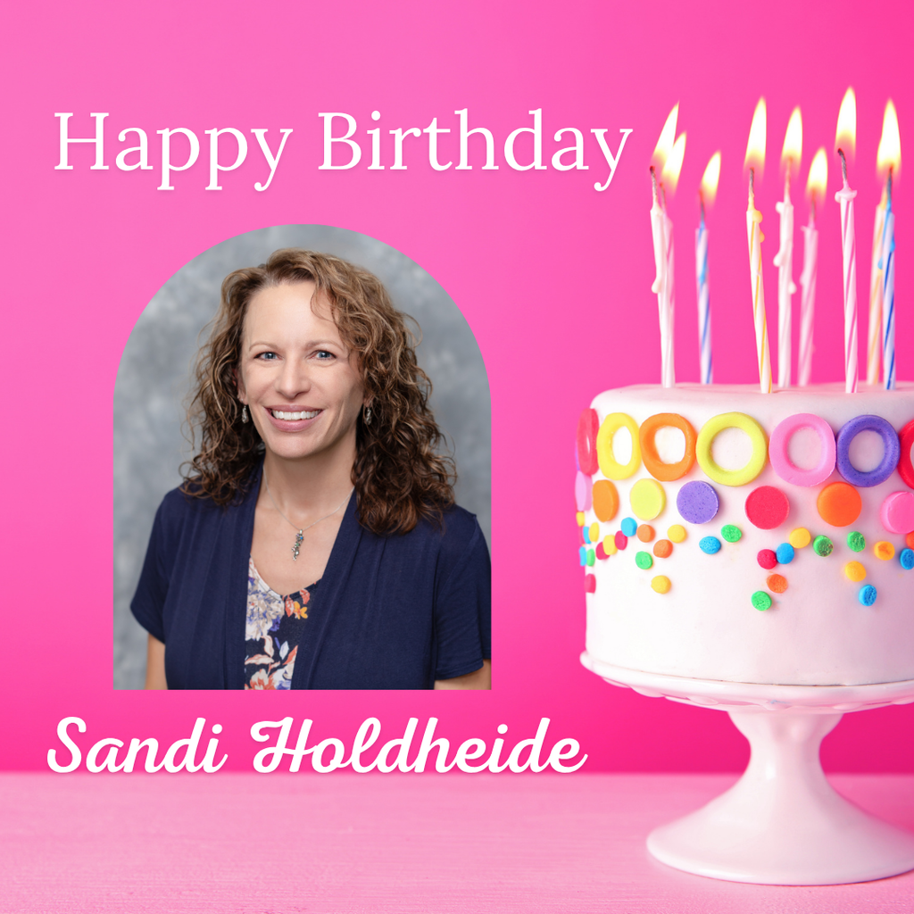 A birthday card with the text "Happy Birthday Sandi Holdheide" features a photo of a smiling woman and a colorfully decorated cake.