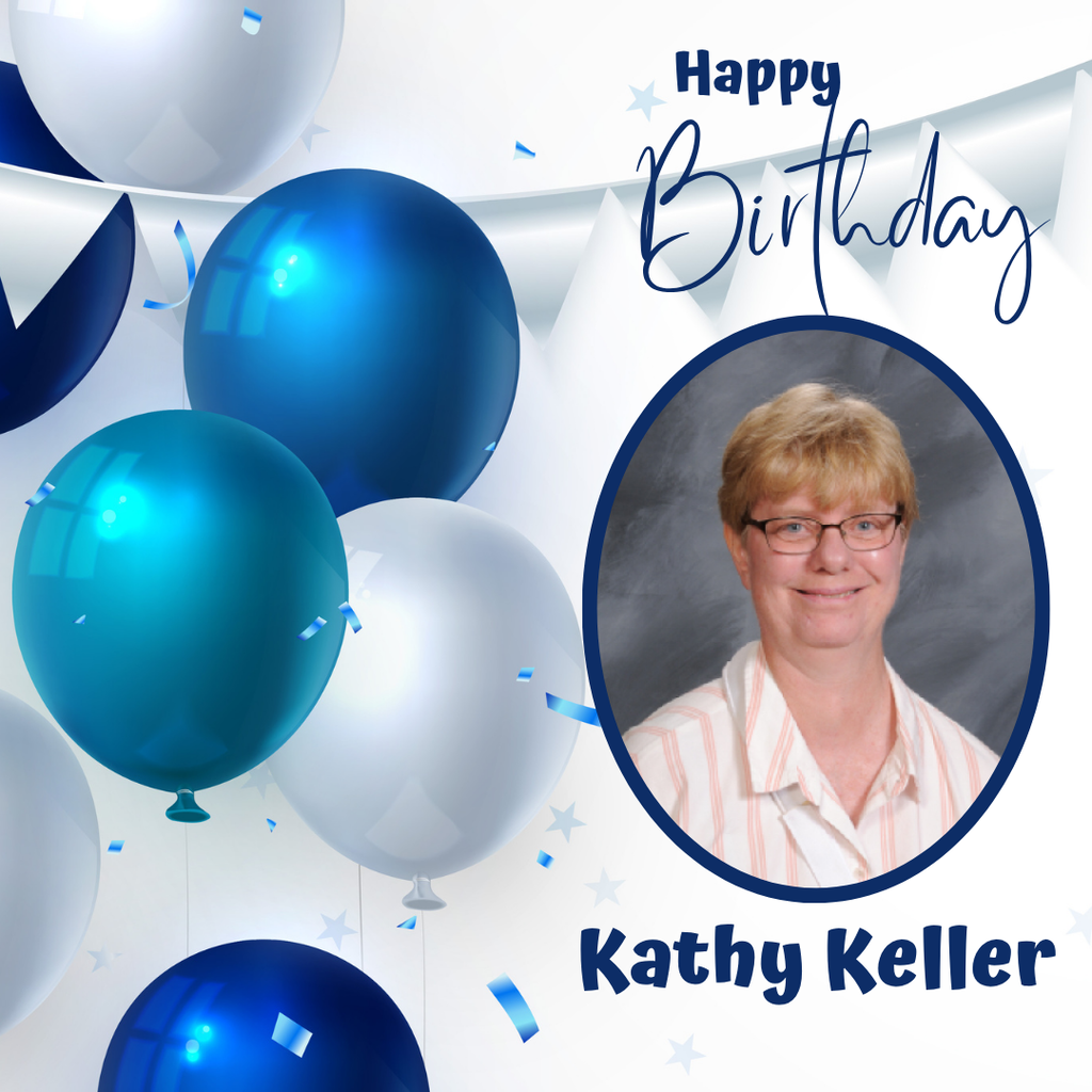 A birthday message with balloons. A woman, Kathy Keller, wearing glasses and a striped shirt is featured.