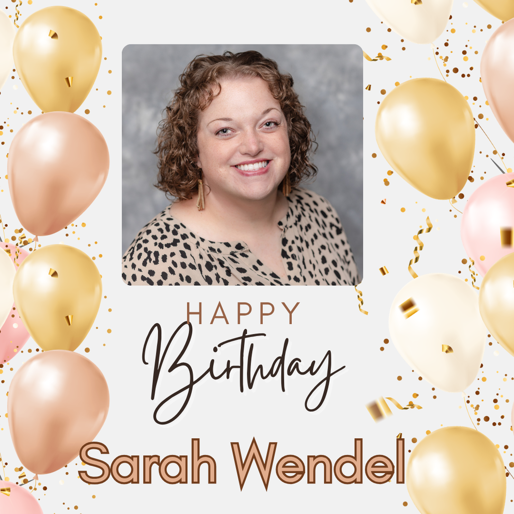 A birthday greeting card featuring Sarah Wendel with balloons, confetti, and a decorative border.