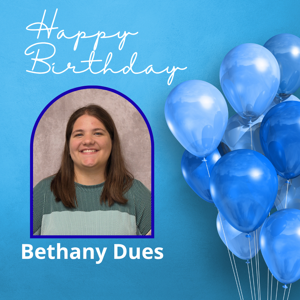 A blue background displays a photo of a woman with brown hair, smiling. Balloons float above her, with the text "Happy Birthday Bethany Dues" at the bottom.