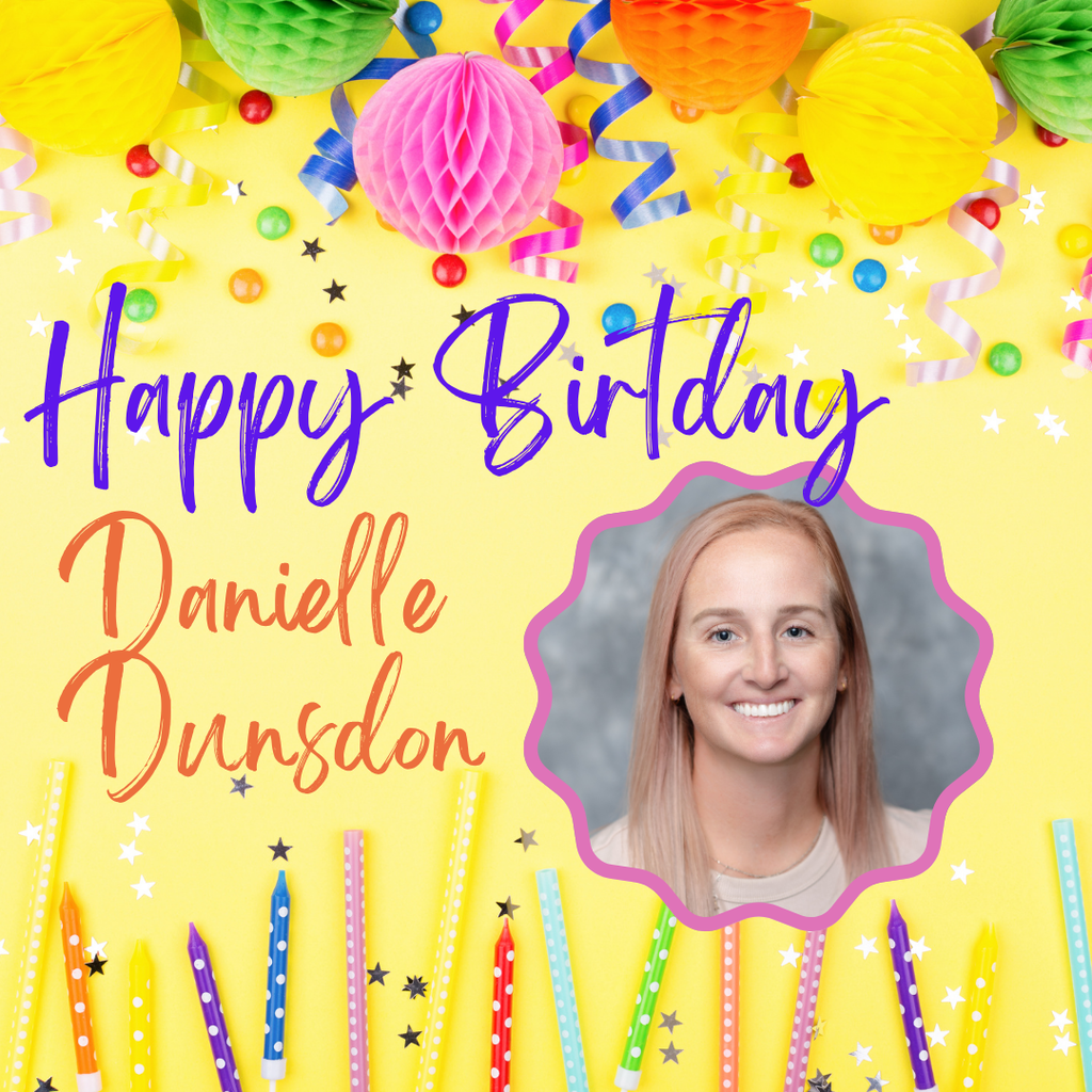 Birthday card with confetti and candles. Photo of a smiling woman. Name and age in large text.