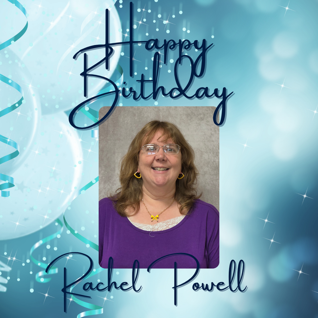 A woman with glasses and a purple shirt stands smiling. Text says "Happy Birthday, Rachel Powell."
