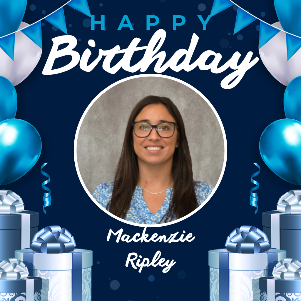 A woman with glasses and long hair smiles. "Happy Birthday" is written in white with balloons and presents around her photo.
