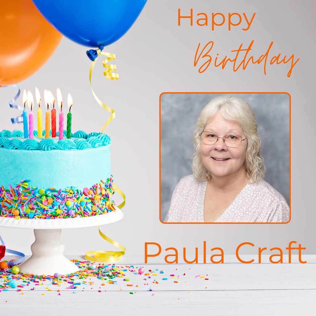 A birthday card features a cake with blue icing and multi-colored candles. Next to it, a woman with white hair and glasses is smiling.