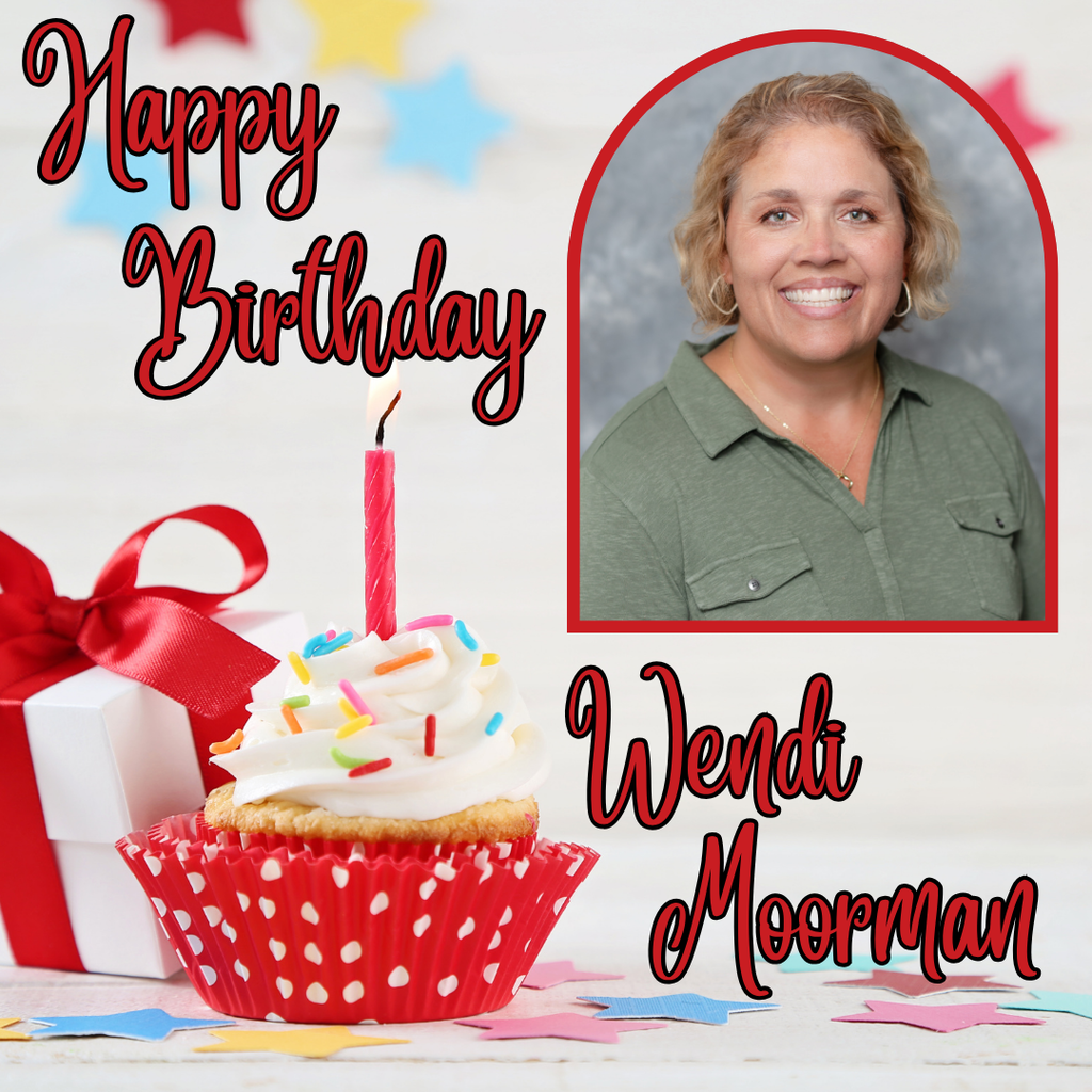 A birthday greeting for Wendi Moorman includes a cupcake with a lit candle and a gift box. The background has stars.