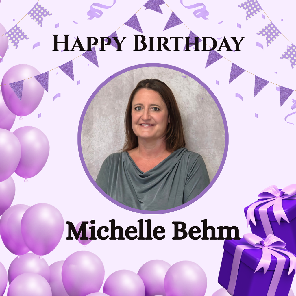 A birthday card with a photo of a woman, surrounded by purple balloons and a gift.