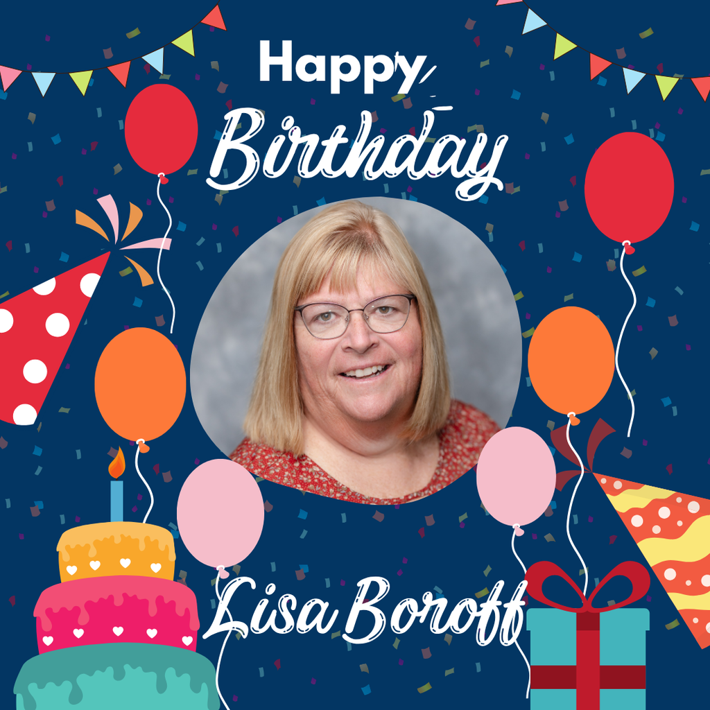 Woman smiling, wearing glasses, on a birthday card with a cake, balloons, and party decorations.