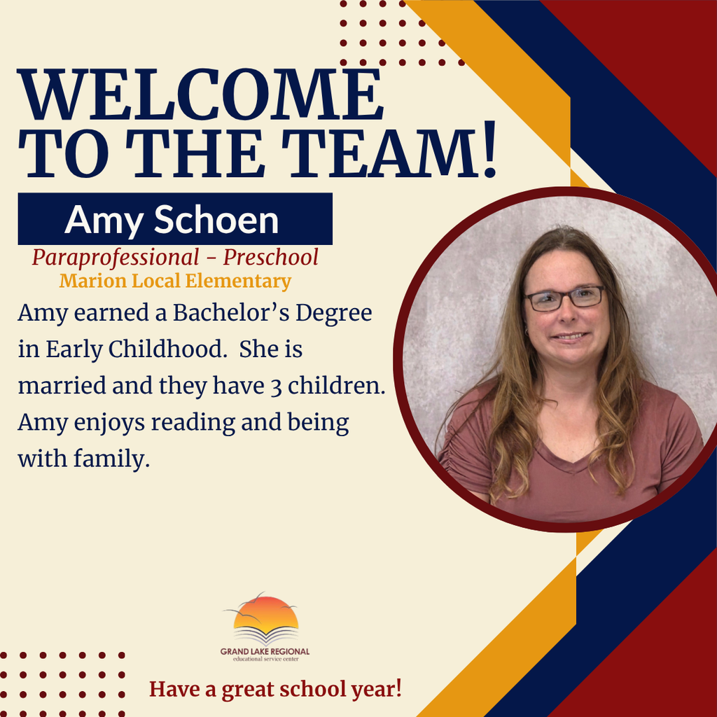 An informational poster featuring Amy Schoen. It reads "Welcome to the Team!" Amy wears glasses, has long blonde hair, and a maroon shirt.