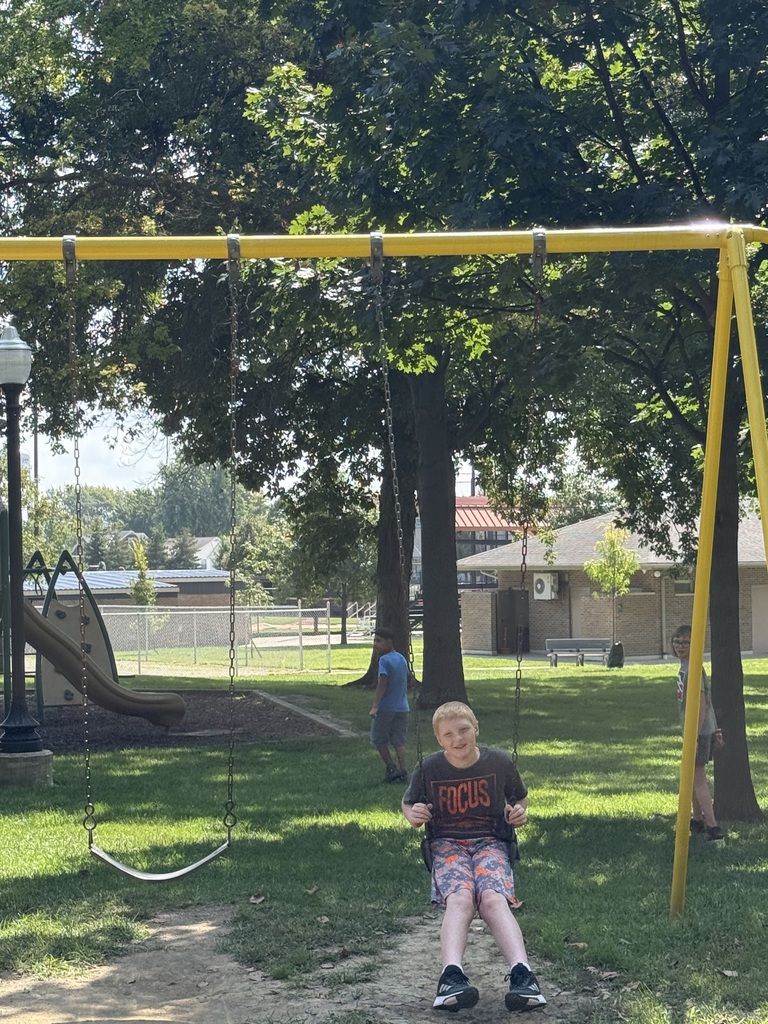 Child sitting on a swing in a park, another person in background near a slide. Trees and buildings visible.