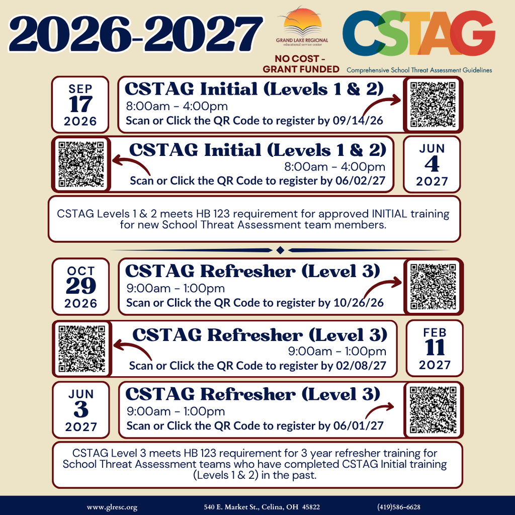 An infographic lists multiple dates and times for CSTAG Initial and CSTAG Refresher training events, each with QR code instructions.