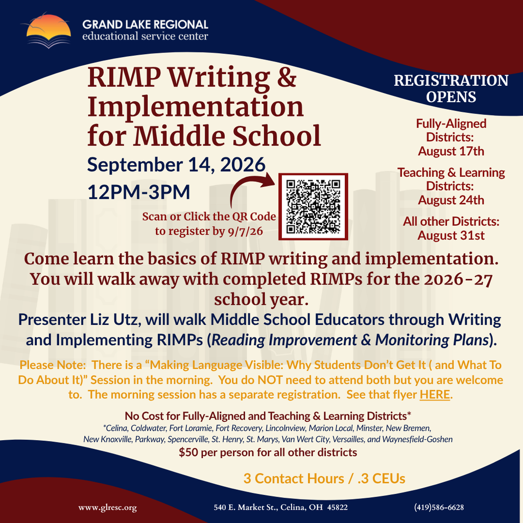 Flyer for RIMP Writing and Implementation for Middle School, September 14, 2026, 12 PM to 3 PM. Presented by Liz Utz.