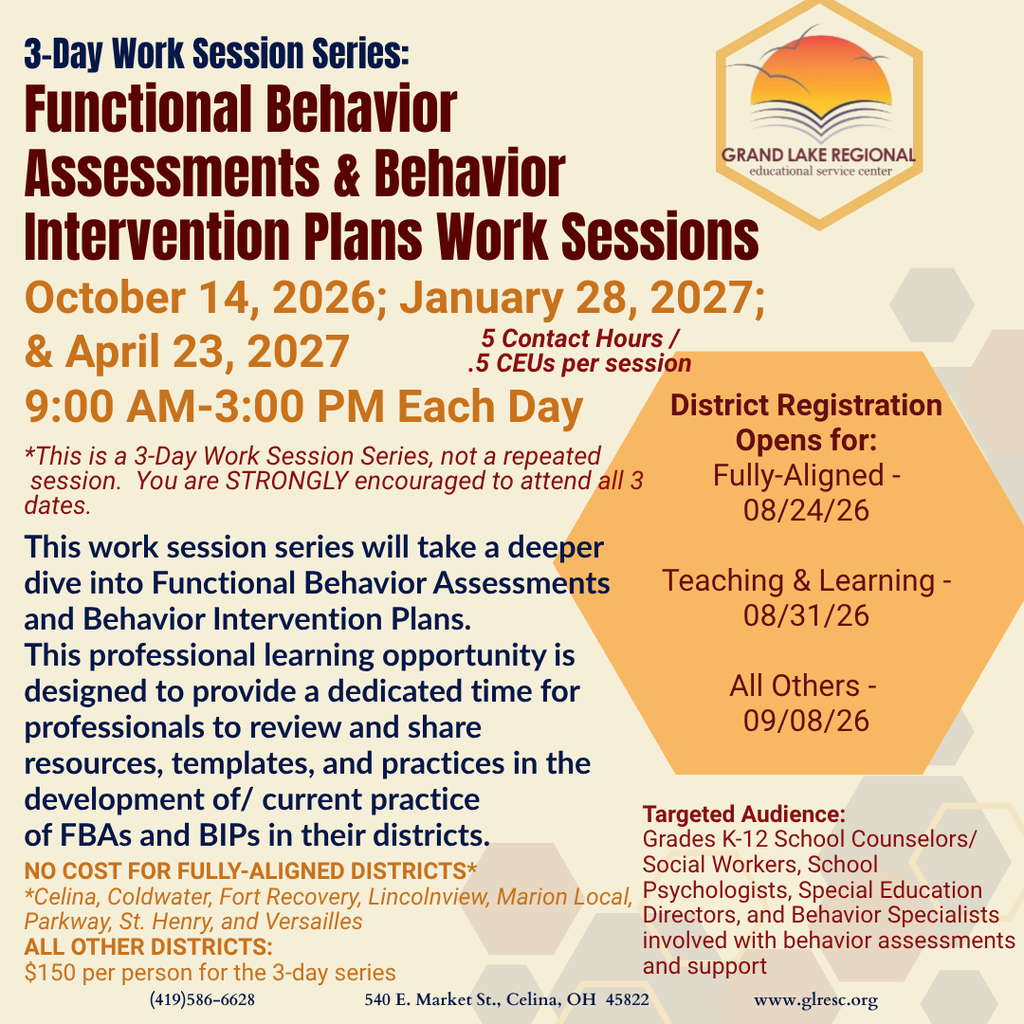 A flyer advertises a 3-day Functional Behavior Assessments and Behavior Intervention Plans work session series. Dates listed are October 14, 2026; January 28, 2027; April 23, 2027.