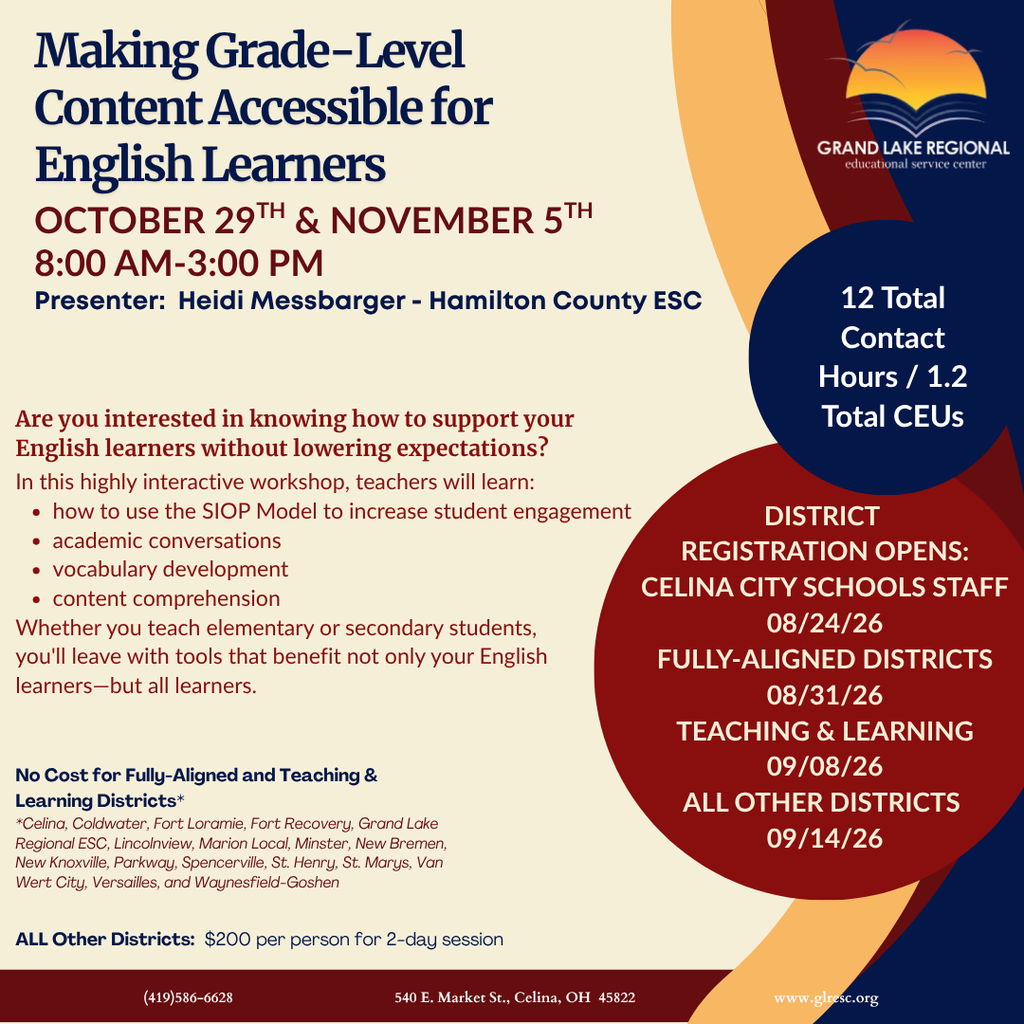 Workshop flyer with title "Making Grade-Level Content Accessible for English Learners" and details on dates, time, speakers, and registration.