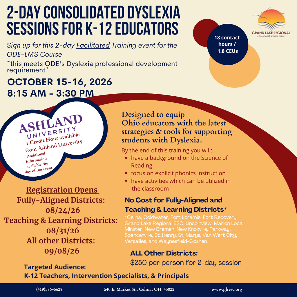 Poster for a dyslexia training for K-12 educators. Dates are October 15 and 16, 2026, from 8:15 am to 3:30 pm.