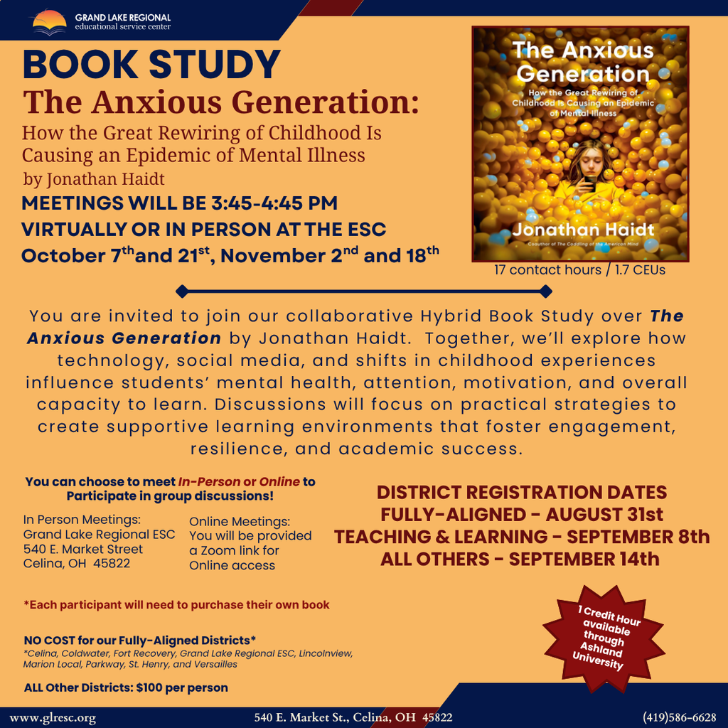 Poster with bold red, white, and blue text. It reads, "Book Study: The Anxious Generation". A yellow book cover is on the right.